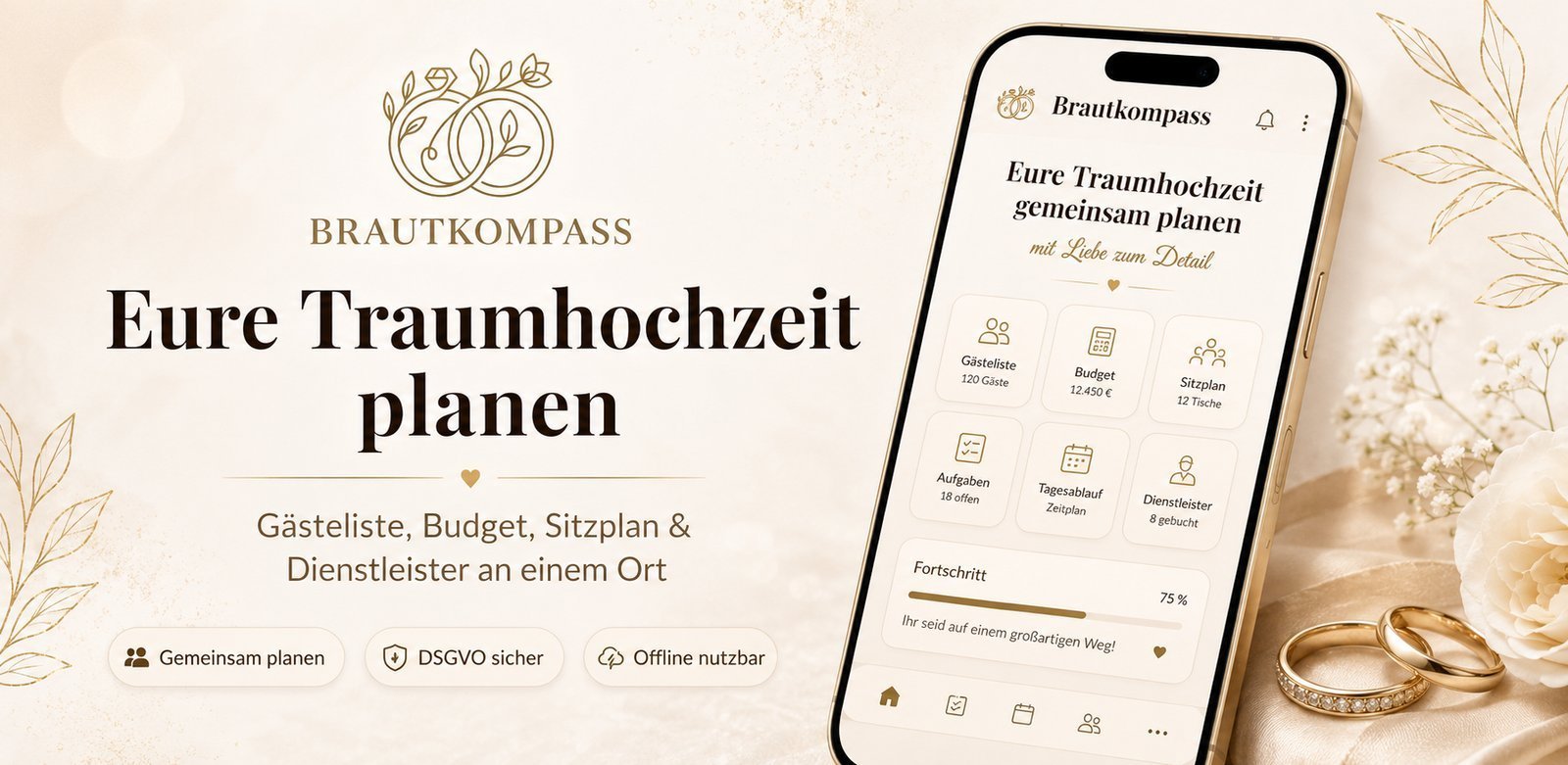Brautkompass app: dashboard with guest list, budget, seating plan, tasks, running order and vendors