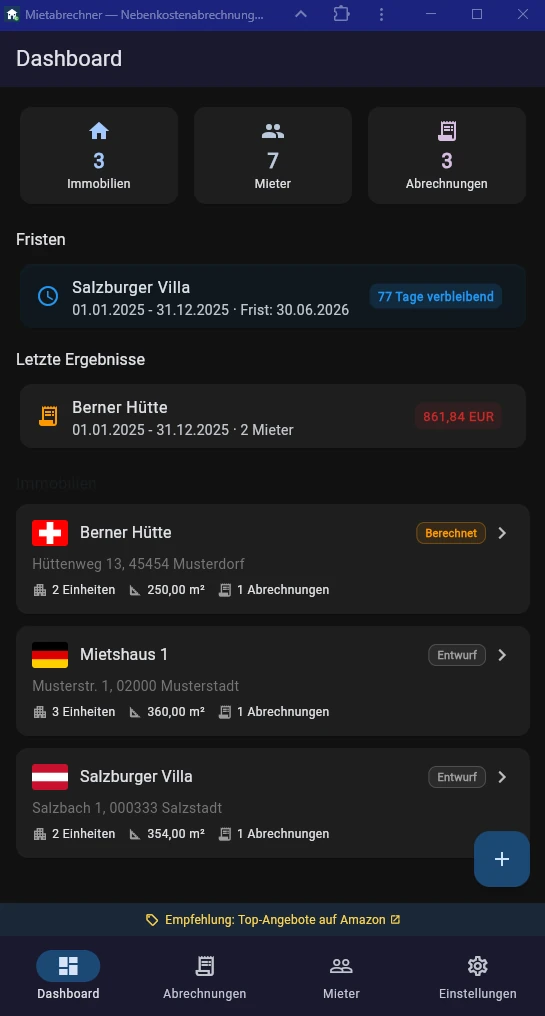 Mietabrechner Dashboard mit Übersicht über Immobilien, Mieter und Abrechnungen